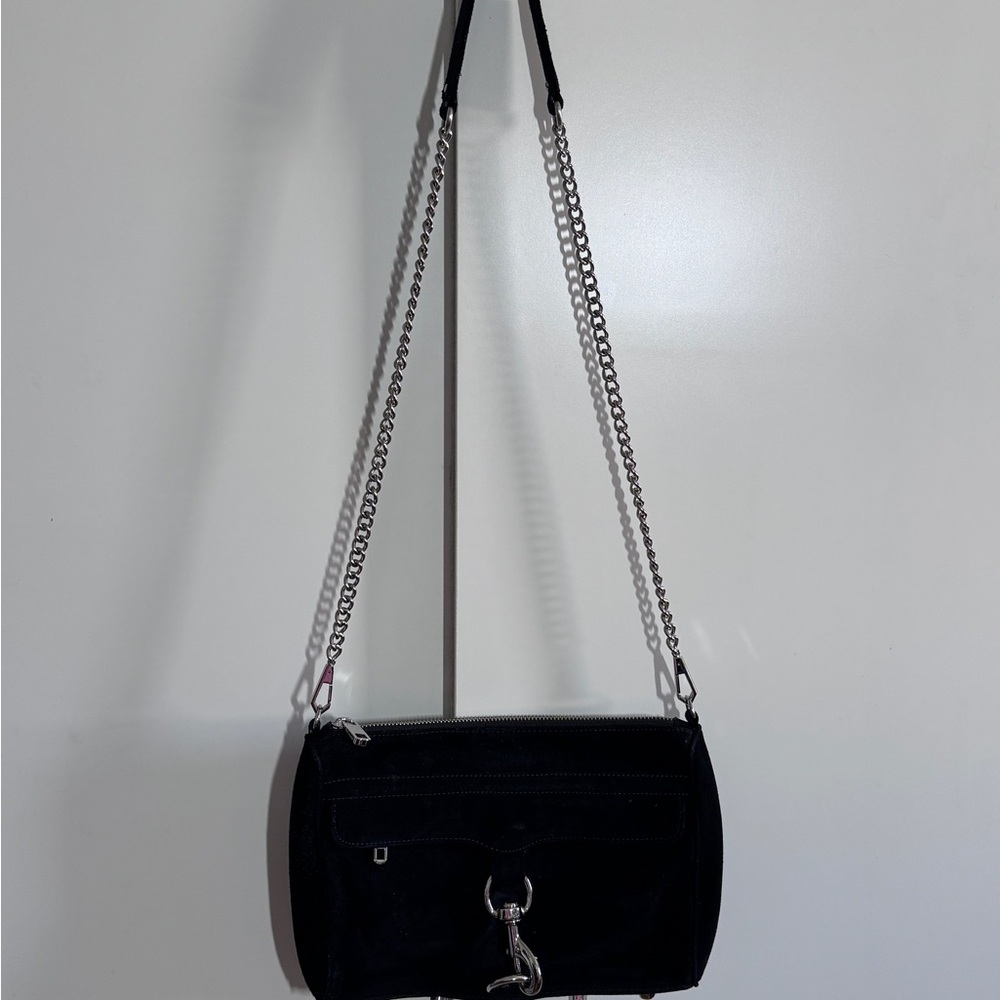 Rebecca Minkoff Mini Mac Black Suede Crossbody Bag with Silver Hardware